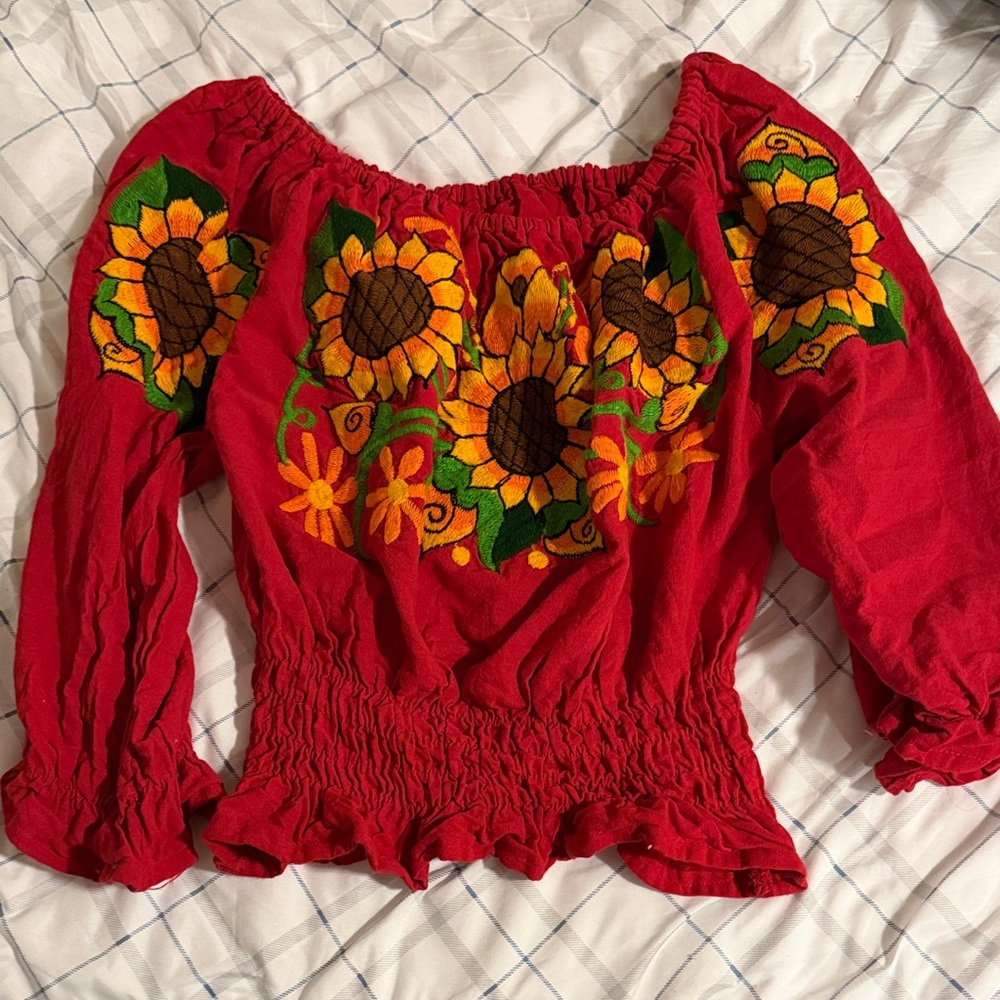 Red Floral Embroidered Women's Top